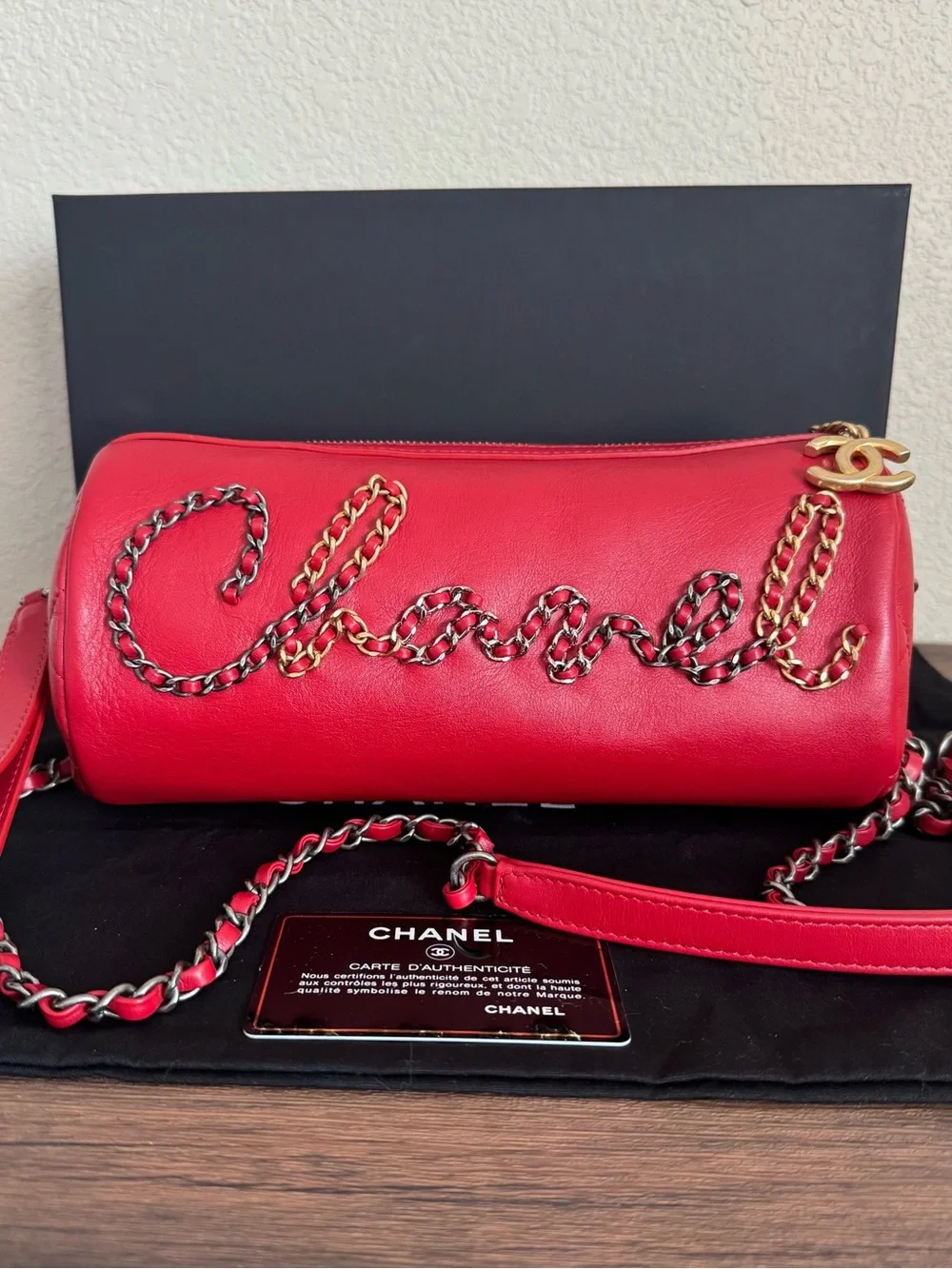 CHANEL Written in Chain Calfskin Leather Crossbody Bag
